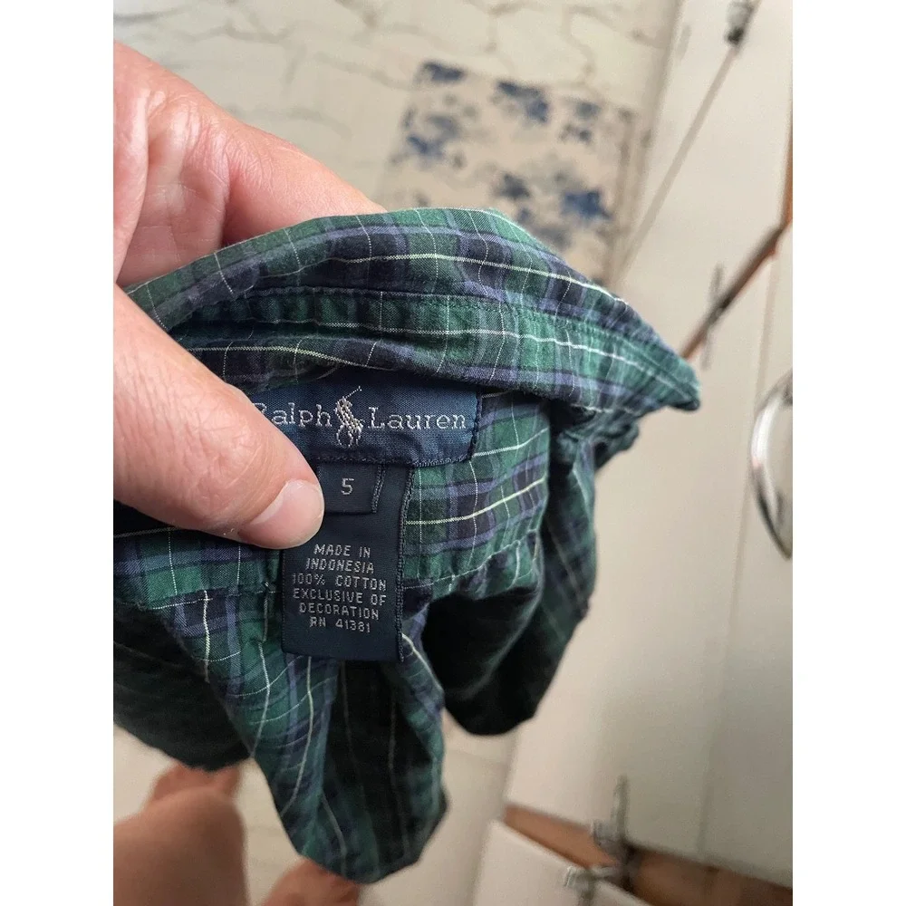 Polo Ralph Lauren Boys Green Navy Plaid Button Down Shirt Size 5 Long Sleeve